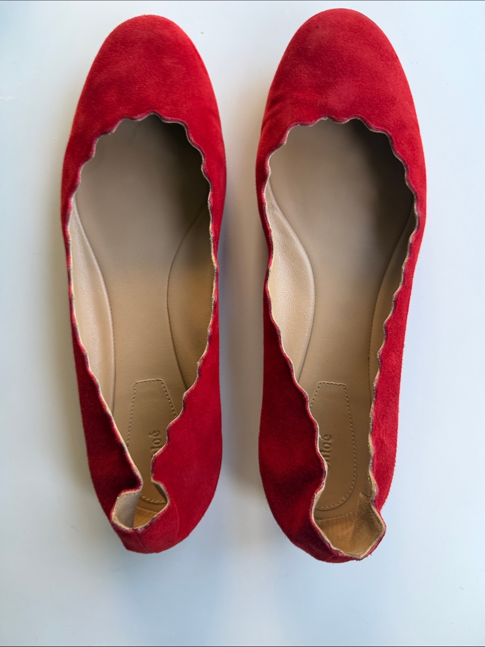Chloé Lauren Red Suede Scallop-Edge Ballet Flats